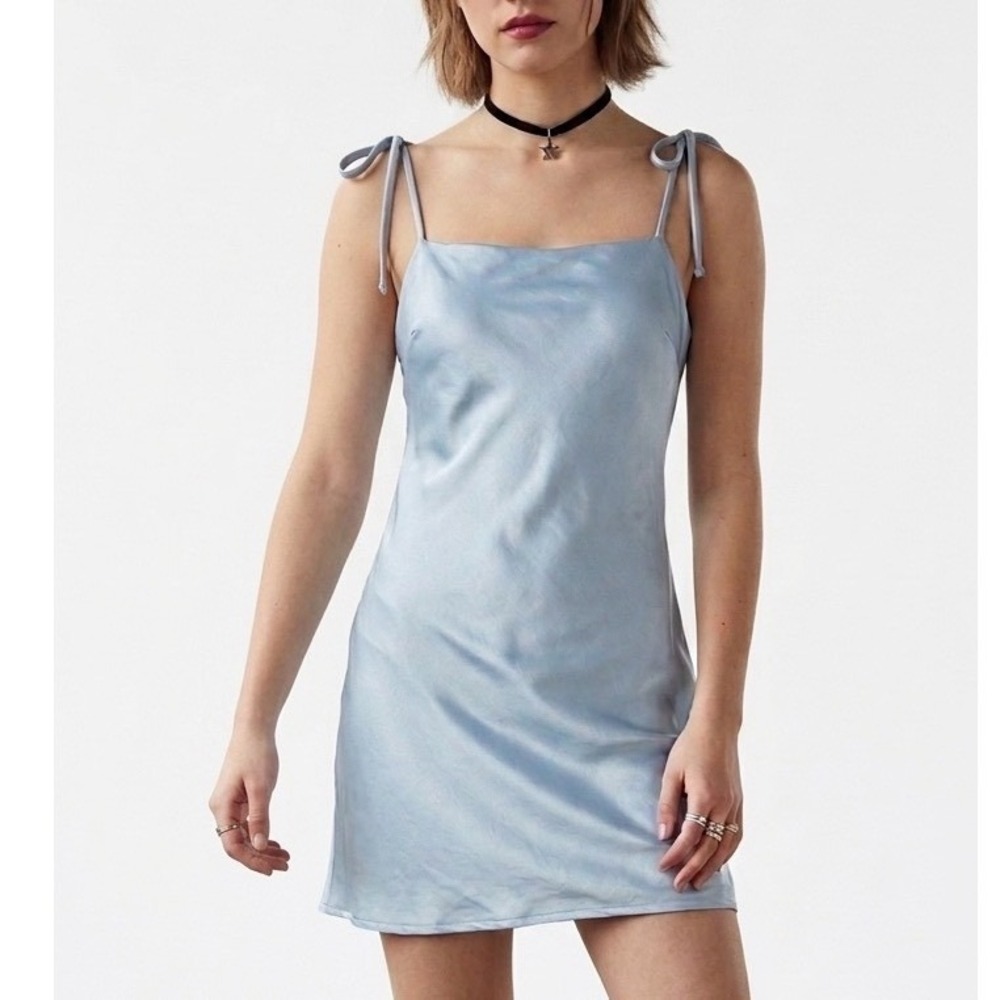 Princess Polly Light Blue Satin Tie Strap Mini Dress Square Neck Slip Size 4